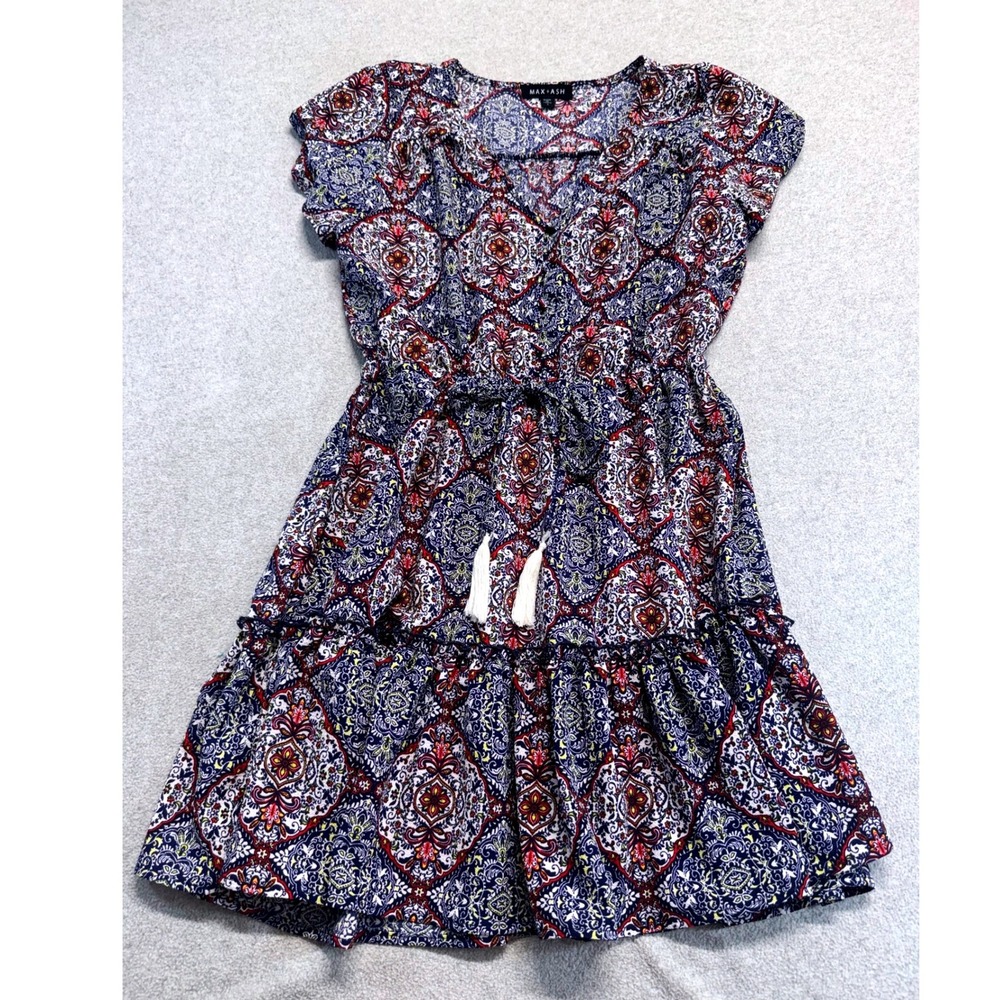 Max + Ash Bohemian Paisley Dress Small Blue Red Tassel Waist Tiered Mini Flowy